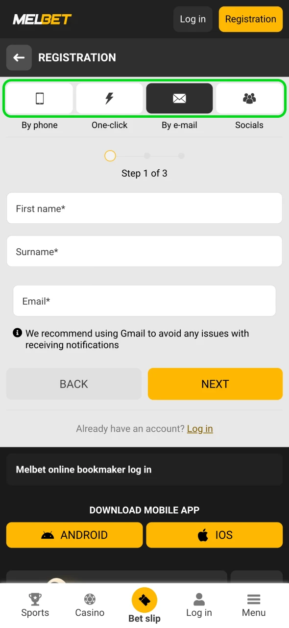 Choose from the following Melbet sign-up methods.