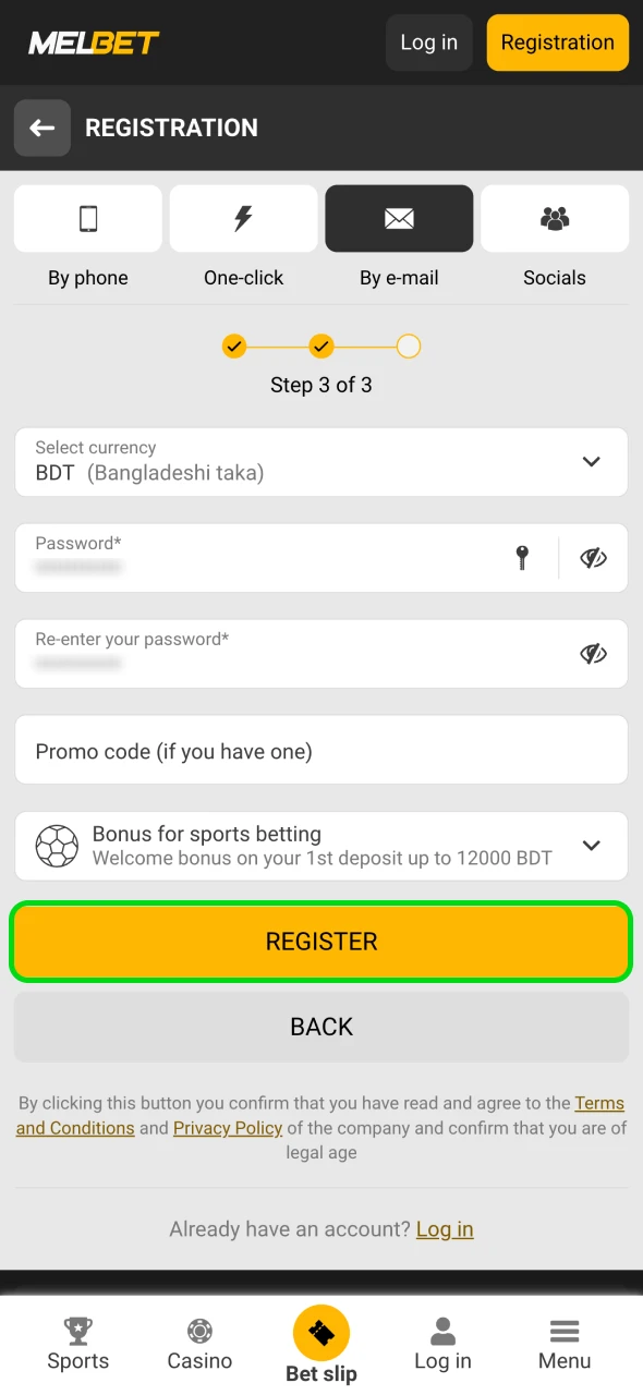 Push the register button at Melbet website or app.