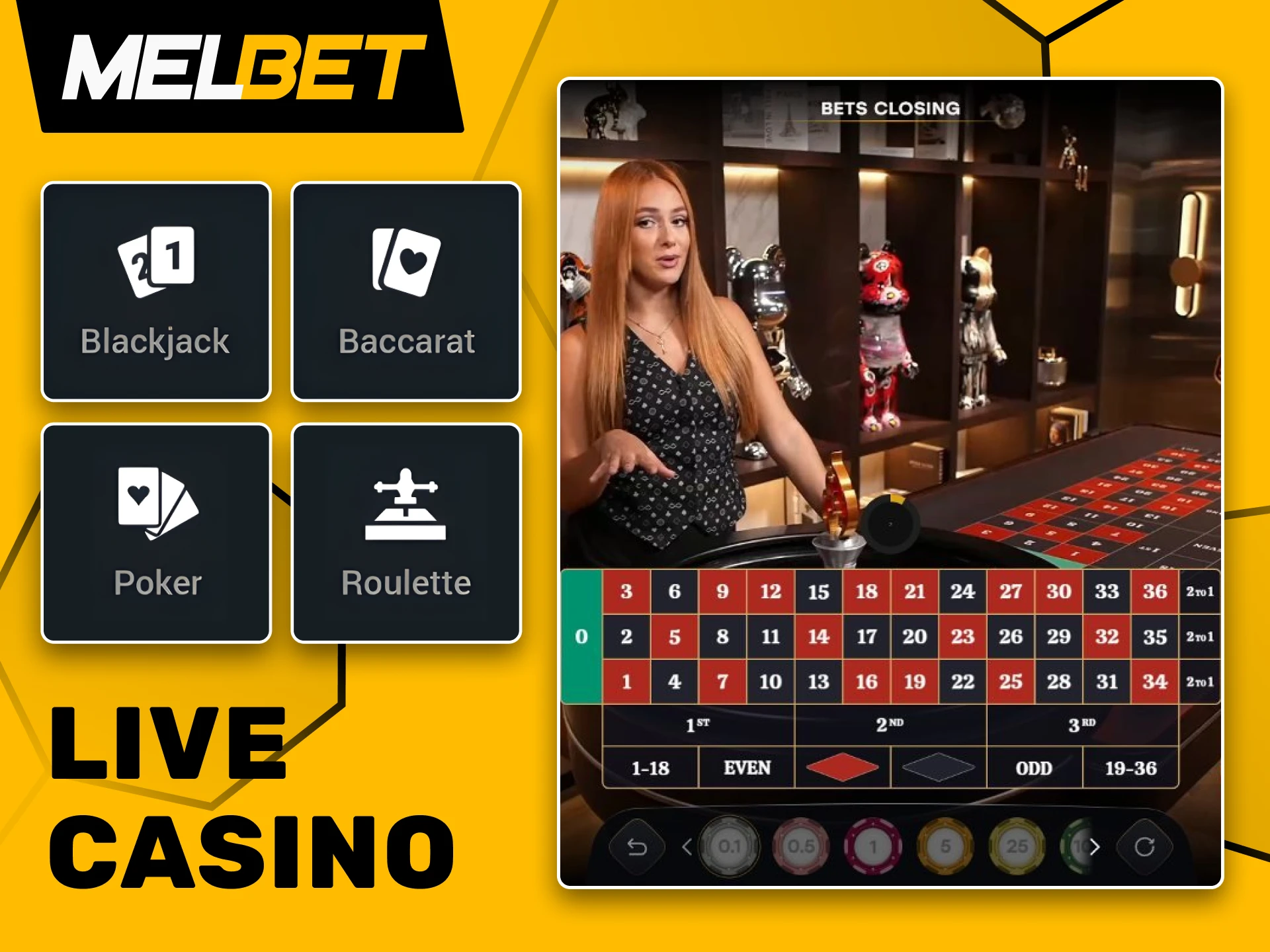 Play casino games in real-time with professional dealers at Melbet.