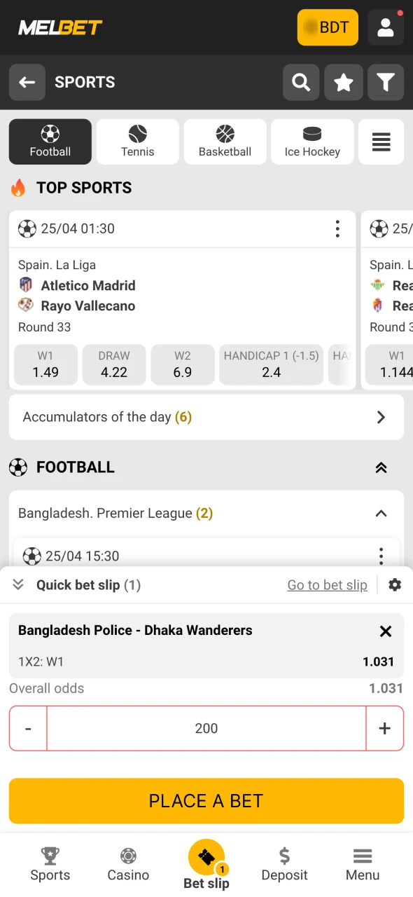 Choose the league and the game at Melbet football section.