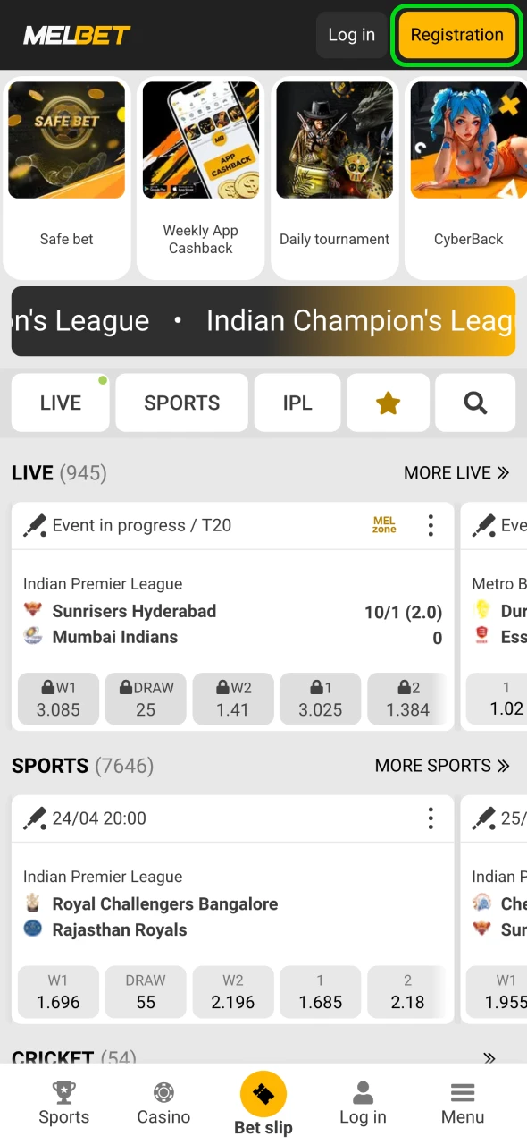 Press the yellow registration button at Melbet website.